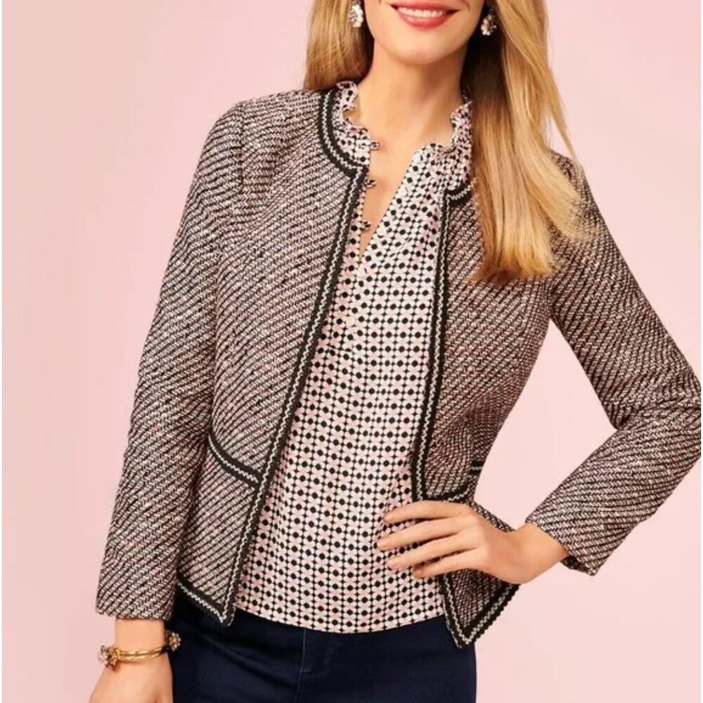 Talbots Grosgrain Trim Black Multicolored Peach Tweed Academia Cropped Jacket 4